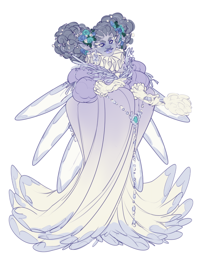 A digital drawing depicting a fey woman in tudor fashion - her hair is pulled into two large buns that are held back with a pearl hairnet