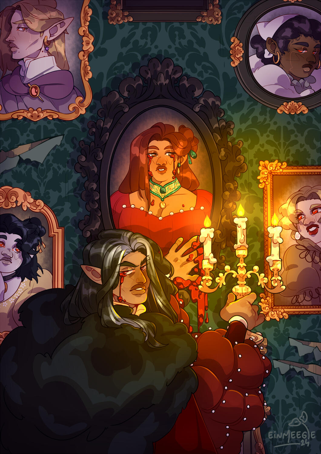 A digital drawing depicting Strahd von Zarovich from Curse of Strahd. He is dressed in heavy robes, looking at the viewer while holding onto a candlabra and resting his other hand against a portrait of Tatyana, a beautiful red-haired woman. Both Strahd and