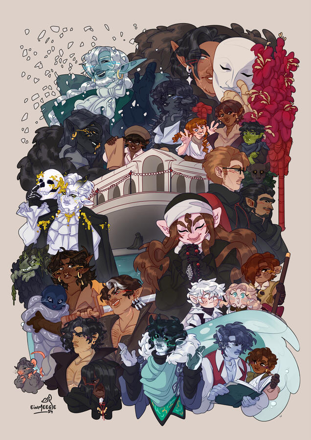 A digital drawing depicting a large group of people's headshots, with each of them crowded around a venetian bridge above a canal.