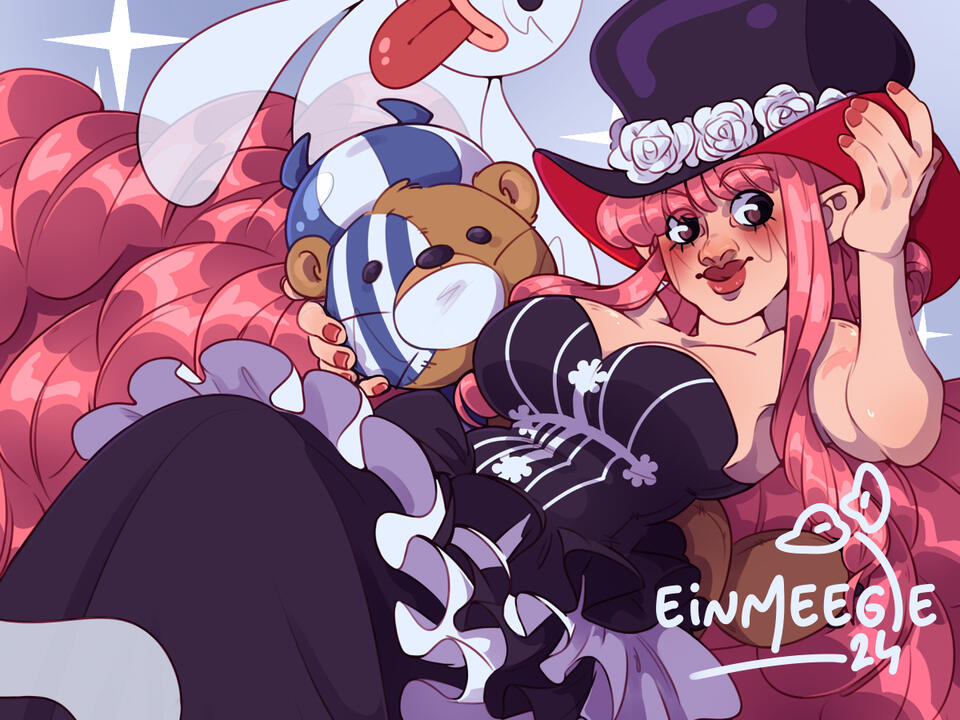A digital drawing depicting Perona from One Piece in her post timeskip outfit, floating in space and clutching her bear plushy to her side. She is surrounded by three ghosts.