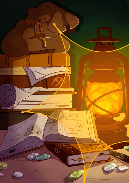 A digital drawing depicting a crowded table, ladden with a variety of books, gemstones and a brightly lit lantern.