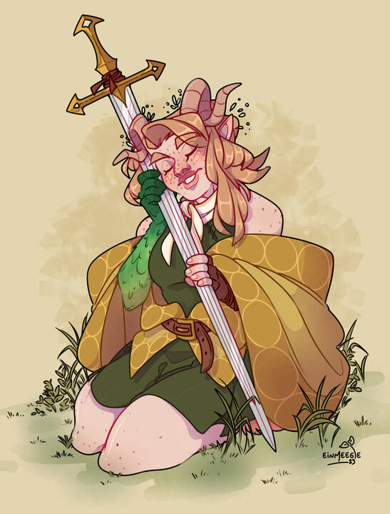 A digital drawing depicting a female elf with horns, sitting in the grass. Her eyes are closed and a serene smile is on her face as she holds a sword in a close embrace.