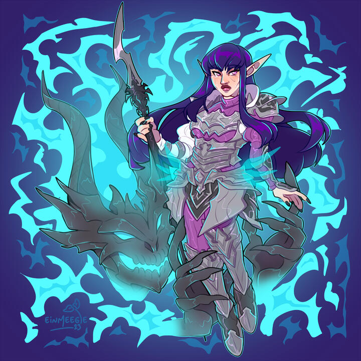 A digital drawing depicting a female elf in ornamental armour, clutching a spear in one of her hands, while a large skull and disembodied hands surround and cradle her.
