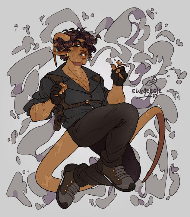 A digital drawing depicting a male tiefling in a partially unbuttoned shirt and a gun holster strapped across his shoulders and chest, holding a cigarette in his hand while blowing smoke into the air that curls around him in the background.