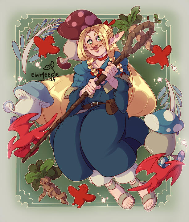 A digital drawing depicting Marcille Donato from Dungeon Meshi/Delicious in Dungeon. She is clutching her staff and smiling, her hair flowing to the side. Marcille is surrounded by various dungeon creatures, including the Walking Mushroom, her Familiars in