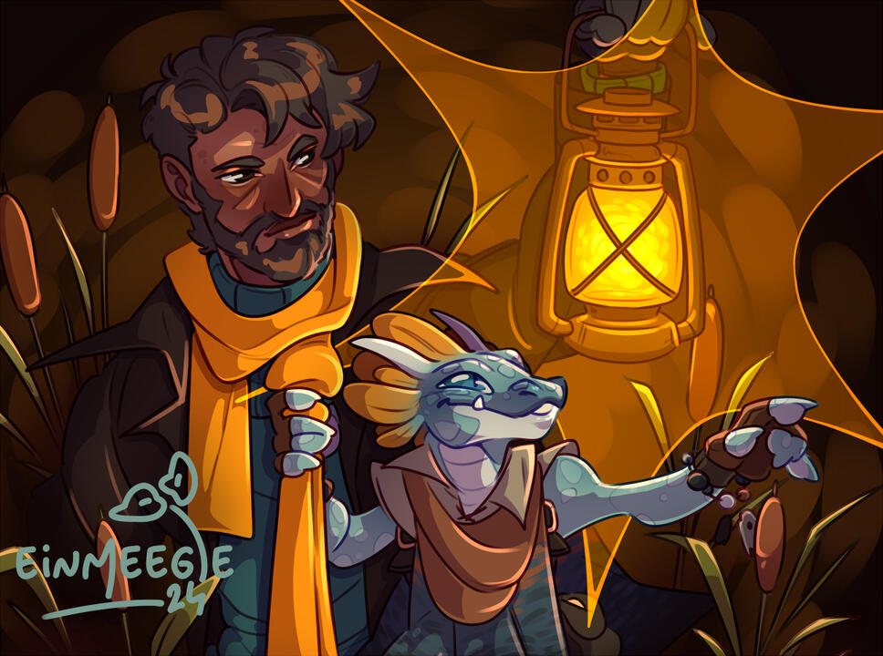 A digital drawing depicting two humanoid figures, one of a tiny lizard-like shape, the other more human. The lizard is clutching the human's scarf, tugging on it while pointing to the side, while the human is holding up a lantern to light the way.