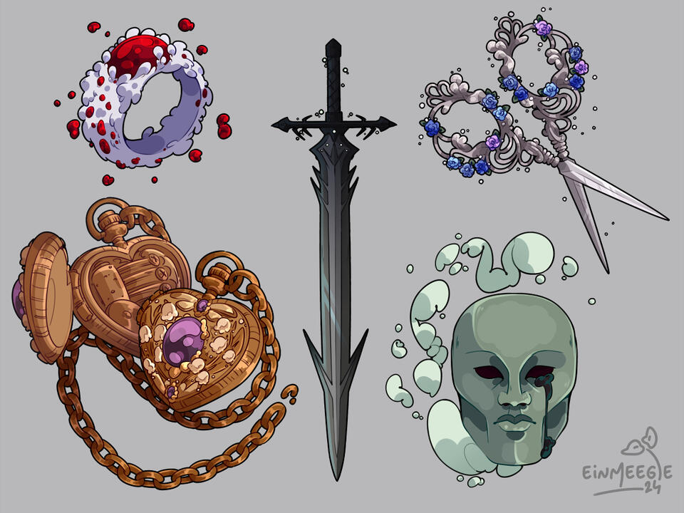 A digital drawing featuring five magical items: a ring with a large red gemstone, surrounded by floating droplets of blood, a heart-shaped locket with a music box on the inside, a greatsword with spikes along the blade and hilt, a pair of scissors adorned