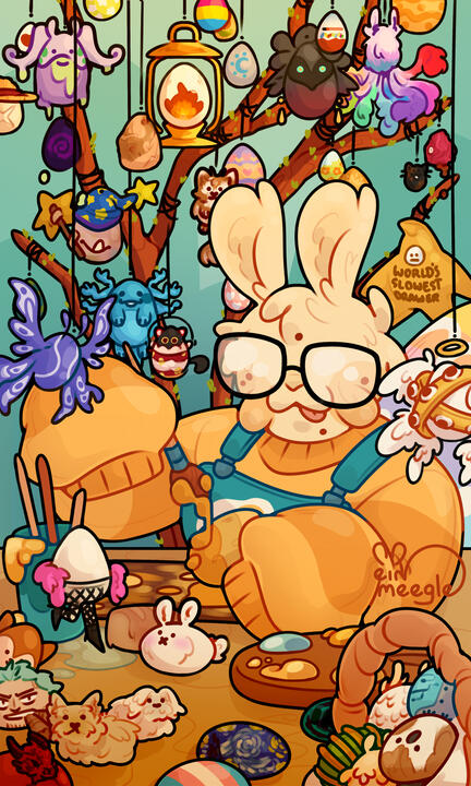 A digital drawing of a bunny-like creature painting an easter egg in orange paint while surrounded by a myriad of differently shaped and coloured easter eggs, ranging from some in simple patterns to others depicting whole creatures. The eggs are strewn acr