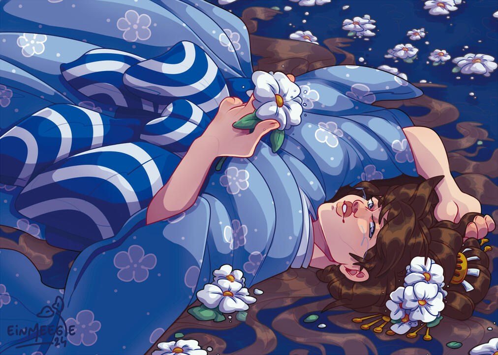 A digital drawing depicting Ran Mouri from Detective Conan/Case Closed dressed in a traditional japanese gown. She is laying on the ground, her hair in an intricate updo, with loose strands of it splayed out underneath her. She is clutching a white flower