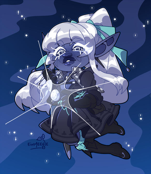 A digital drawing depicting a chibi drow with white hair, white eyes and white eyelashes floating in front of the night sky, while holding up their holy symbol.