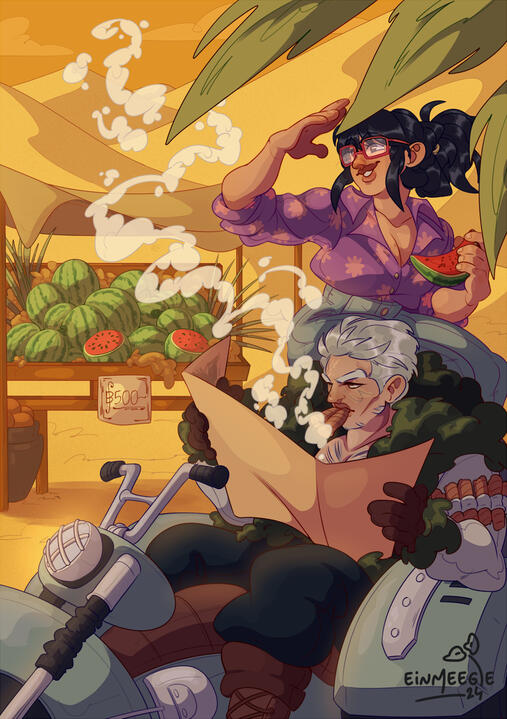 A digital drawing depicting Tashigi and Smoker from One Piece somewhere in Alabasta. Smoker is sitting on his billowbike, holding up a map while smoking two cigars. Sitting on the back of the bike is Tashigi who is clutching a slice of watermelon and raisi
