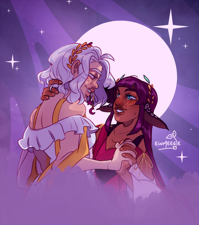 A digital drawing depicting two women, one sporting faun ears, while the other has a golden laurel wreath in her hair. The moon shines brightly behind them, while they look at each other lovingly, clutching their hands together.
