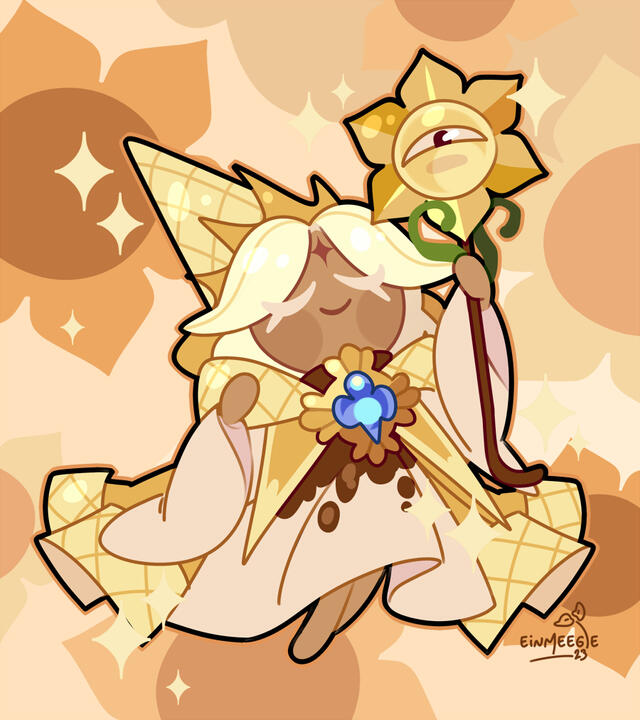 A digital drawing depicting Pure Vanilla Cookie from the Cookie Run franchise clutching his staff.